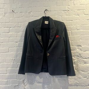 Khaite navy leather blazer jacket. Removable red silk pocket square